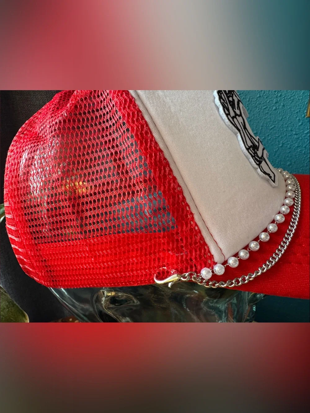 Red and White Trucker Hat with Skeleton Heart Patch